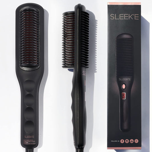 SLEEKE Hair Straightening Brush - Portable Hair Straightener Comb, Anti-Frizz Heating Iron for all Curly Hair Types + type 4c Hair, Static Detangling Electric Hair Tool Black Rose Gold (Black)