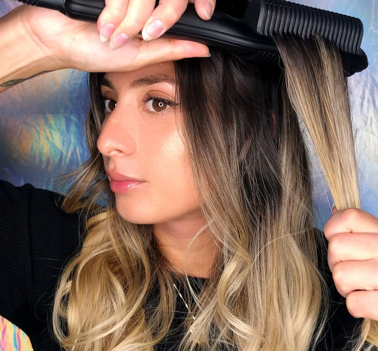 SLEEKE Hair Straightening Brush - Portable Hair Straightener Comb, Anti-Frizz Heating Iron for all Curly Hair Types + type 4c Hair, Static Detangling Electric Hair Tool Black Rose Gold (Black)