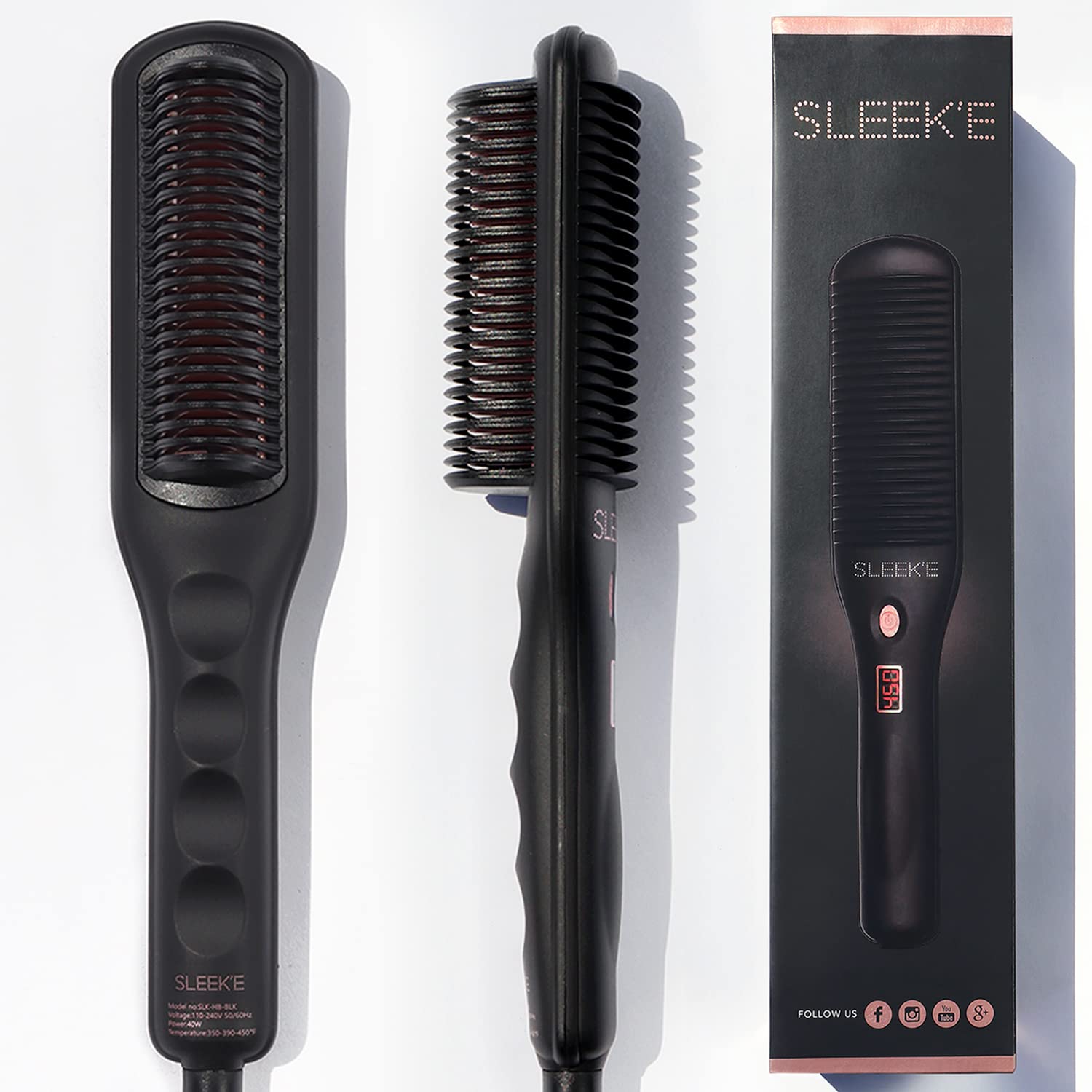 SLEEKE Hair Straightening Brush - Portable Hair Straightener Comb, Anti-Frizz Heating Iron for all Curly Hair Types + type 4c Hair, Static Detangling Electric Hair Tool Black Rose Gold (Black)