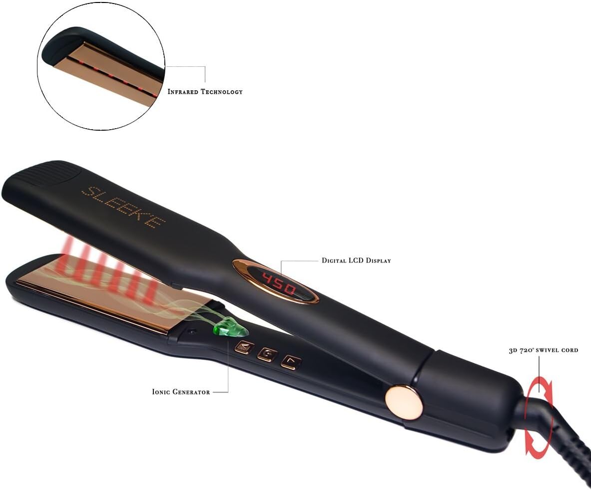 Sleek’e Hair Infrared 2" Wide Flat Iron Professional Ceramic Tourmaline-Infused Titanium Straightener (2inch, Black and Rose Gold)