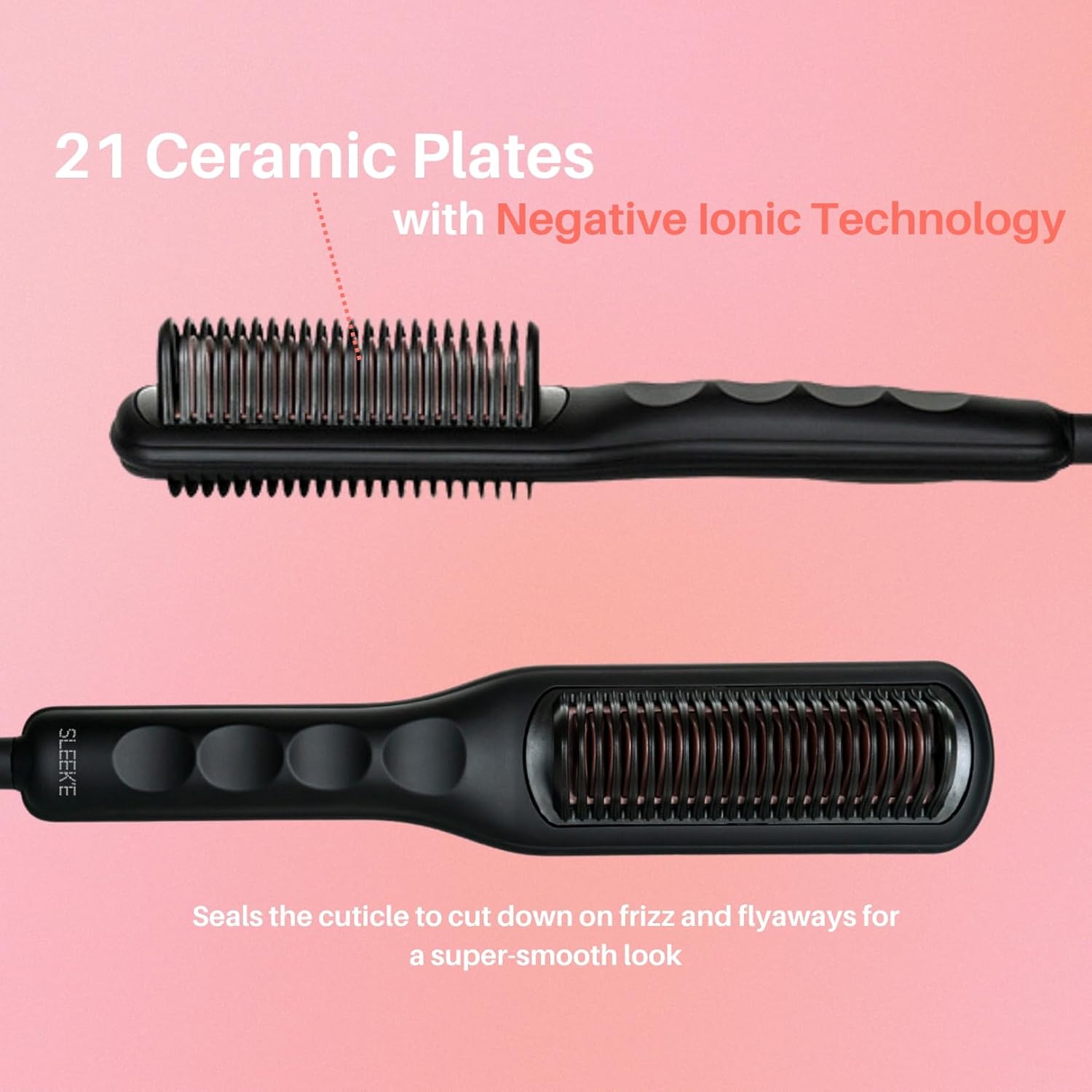 SLEEKE Hair Straightening Brush - Portable Hair Straightener Comb, Anti-Frizz Heating Iron for all Curly Hair Types + type 4c Hair, Static Detangling Electric Hair Tool Black Rose Gold (Black)