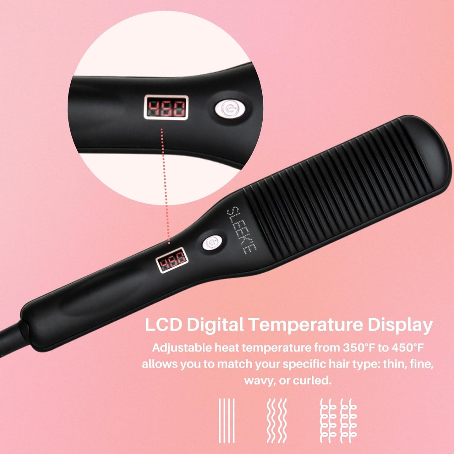 SLEEKE Hair Straightening Brush - Portable Hair Straightener Comb, Anti-Frizz Heating Iron for all Curly Hair Types + type 4c Hair, Static Detangling Electric Hair Tool Black Rose Gold (Black)