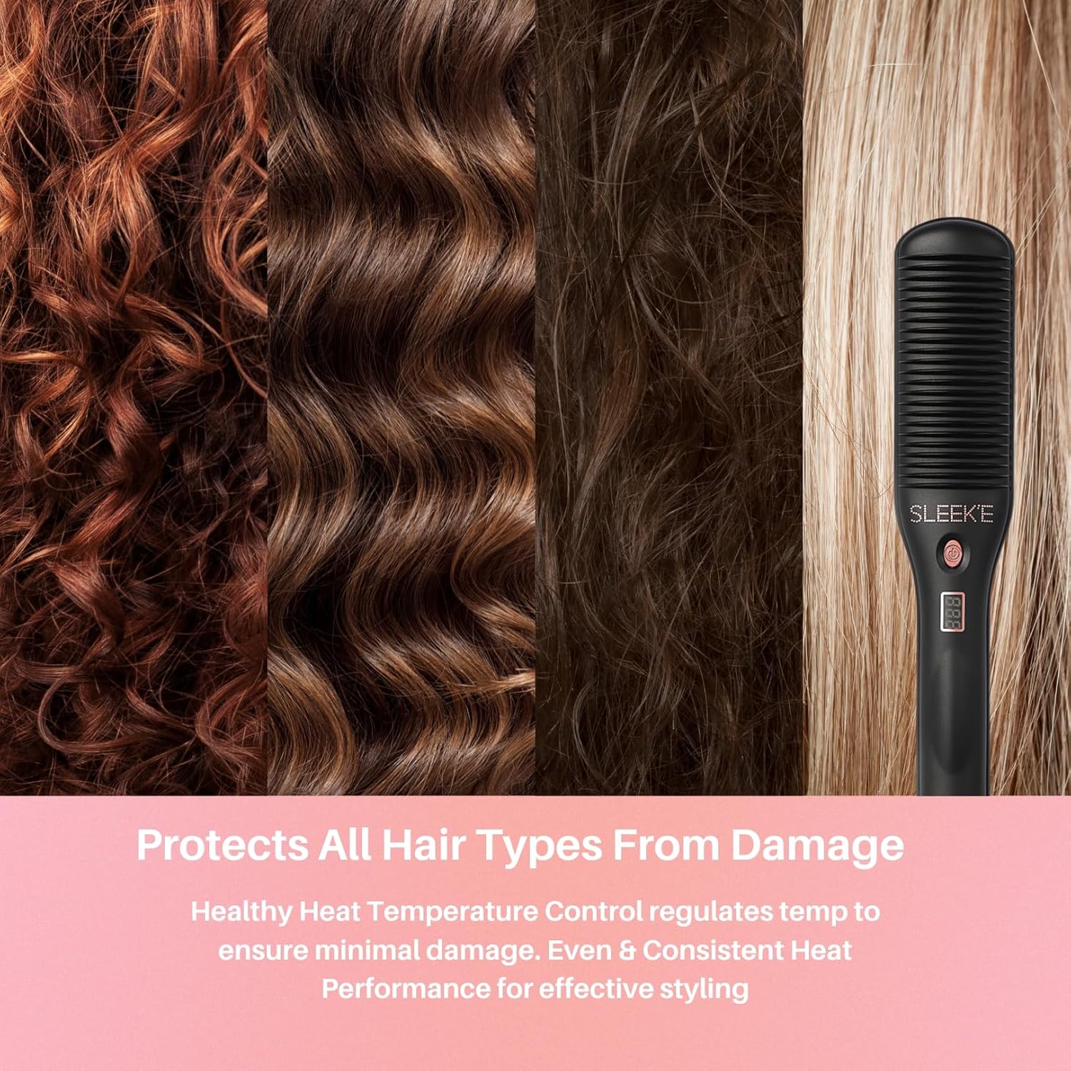 SLEEKE Hair Straightening Brush - Portable Hair Straightener Comb, Anti-Frizz Heating Iron for all Curly Hair Types + type 4c Hair, Static Detangling Electric Hair Tool Black Rose Gold (Black)